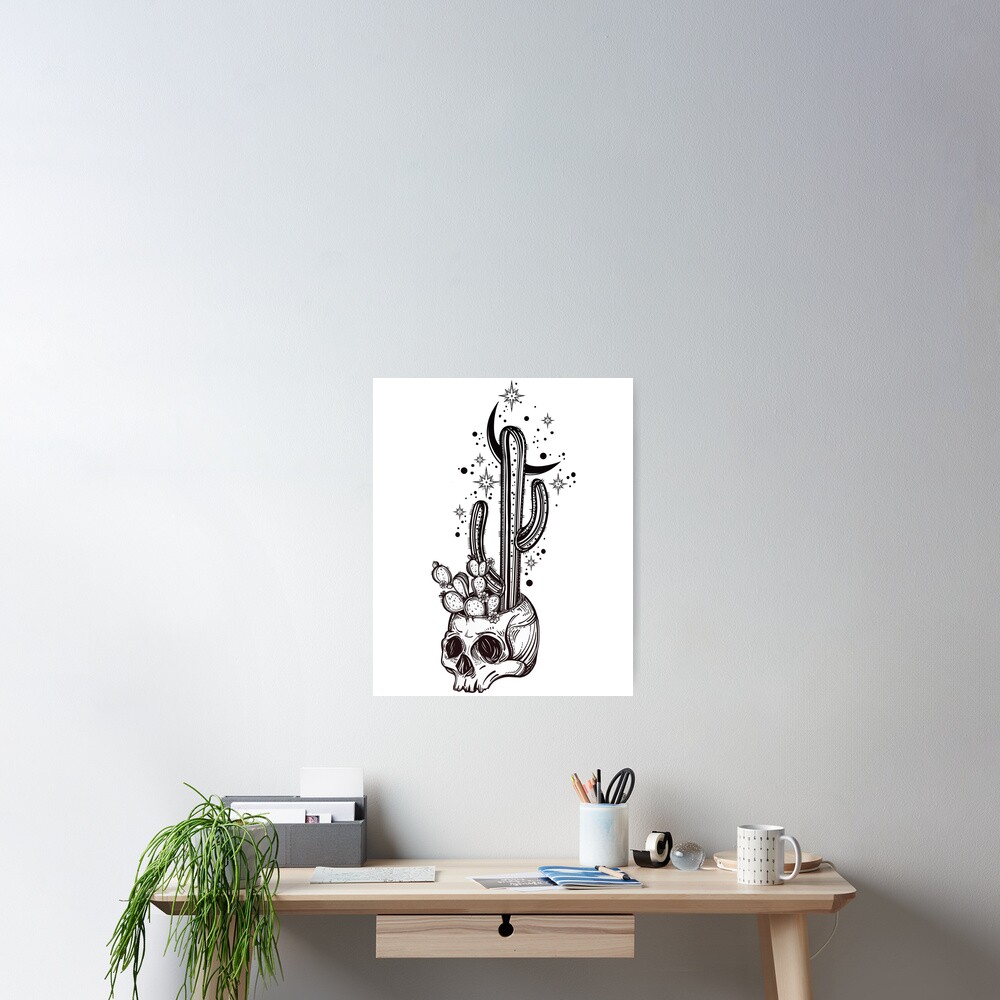 Cactus Growing from Skull in the Desert under Stars and Crescent Moon Poster