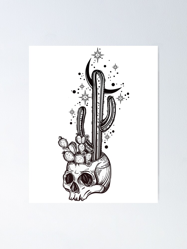 Alternate view of Cactus Growing from Skull in the Desert under Stars and Crescent Moon Poster