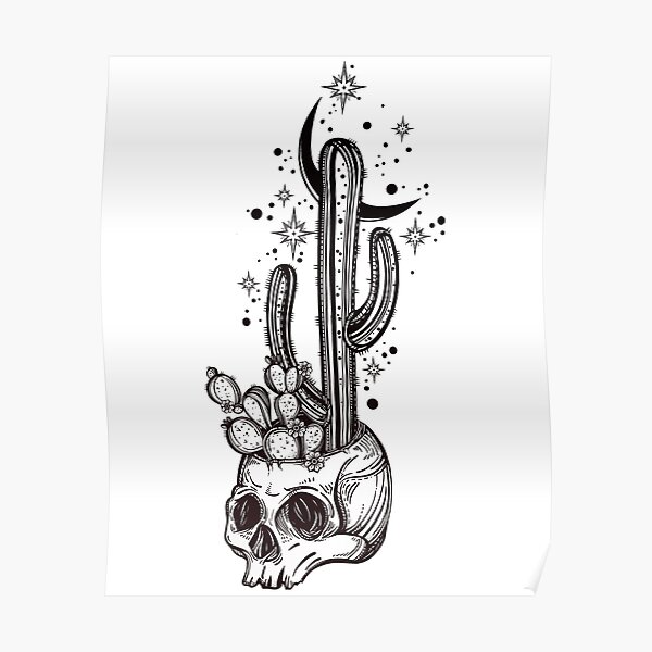 Cactus Growing from Skull in the Desert under Stars and Crescent Moon Poster