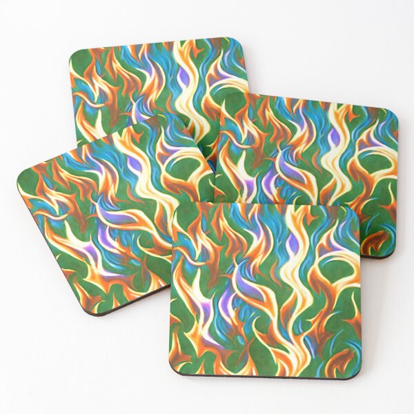 Item preview, Orange, blue and yellow flame pattern on green background designed and sold by hendrikspix.