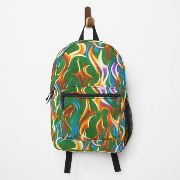 Item preview, Orange, blue and yellow flame pattern on green background designed and sold by hendrikspix.