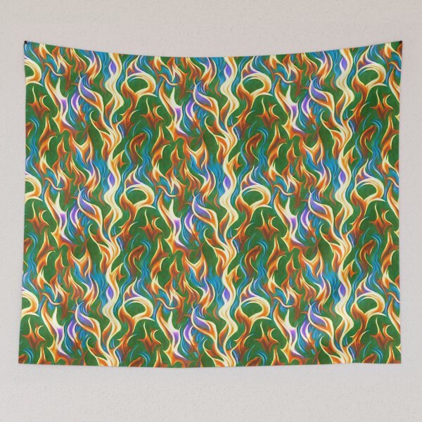 Item preview, Orange, blue and yellow flame pattern on green background designed and sold by hendrikspix.