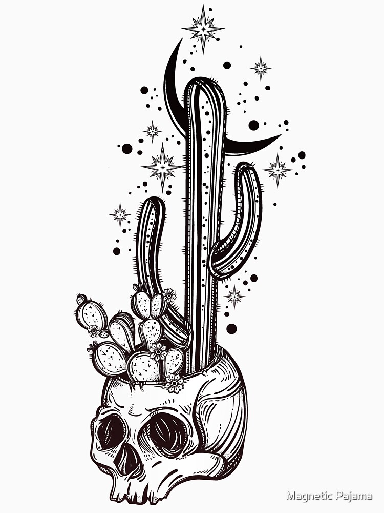 Cactus Growing from Skull in the Desert under Stars and Crescent Moon by MagneticMama