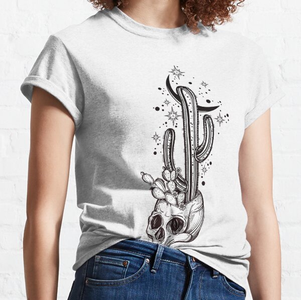 Cactus Growing from Skull in the Desert under Stars and Crescent Moon Classic T-Shirt