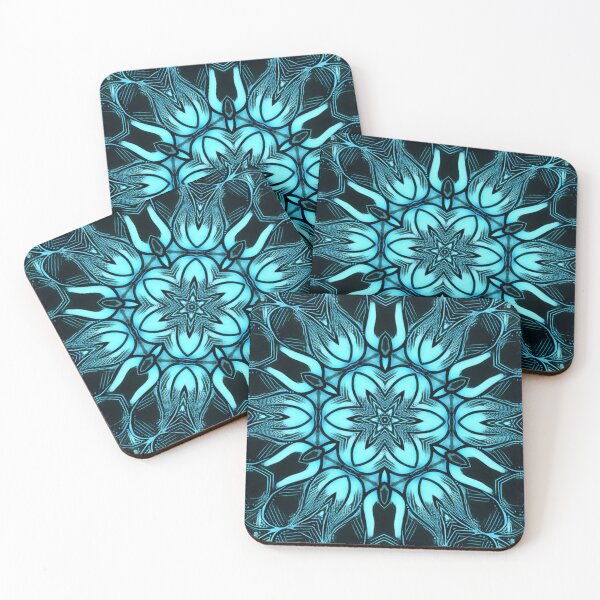 Item preview, star shaped vivid lino-cut floral fantasy in glowing turquoise designed and sold by mister-john.