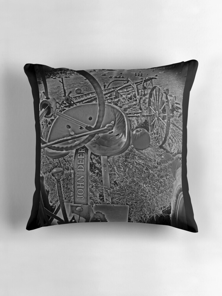 "Antique John Deere Tractor Seat Farm Scene Black and White High Contrast" Throw Pillows by Adri