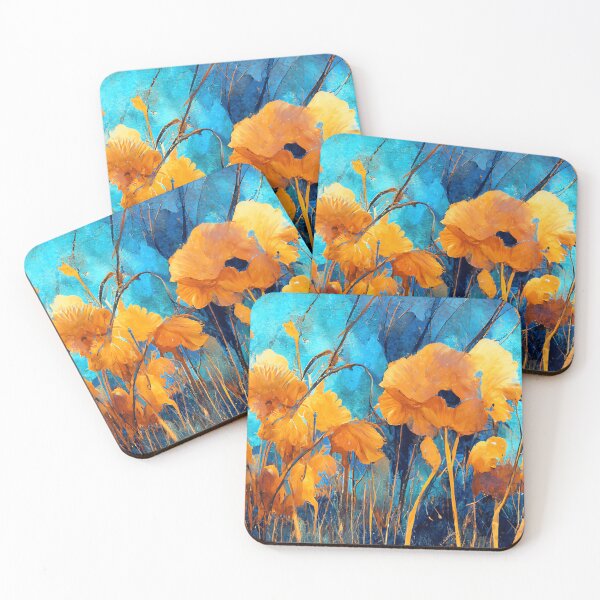 Artikelvorschau, Wunderschönes Feld mit gelben und orangefarbenen Mohnblumen vor blauem Himmel entworfen und verkauft von madtoyman.