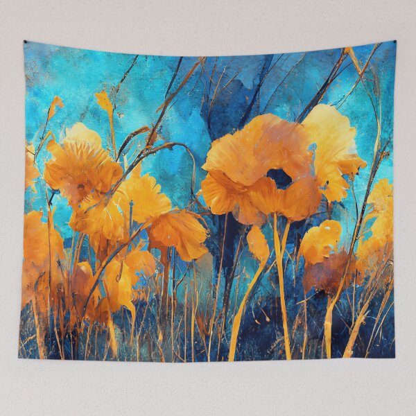 Artikelvorschau, Wunderschönes Feld mit gelben und orangefarbenen Mohnblumen vor blauem Himmel entworfen und verkauft von madtoyman.