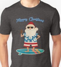 Retro Santa Claus Surfing Hawaiin Summer Christmas Unisex T-Shirt