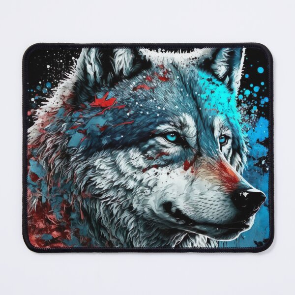 Item preview, Mean Wolf portrait with teal and red glow designed and sold by KoolArtDistrict.