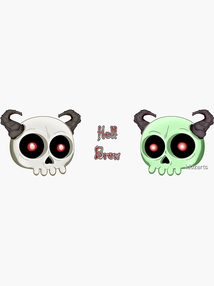 "Cartoon Demon Bone and Green Skull with Horns Mug Hell Brew" Sticker