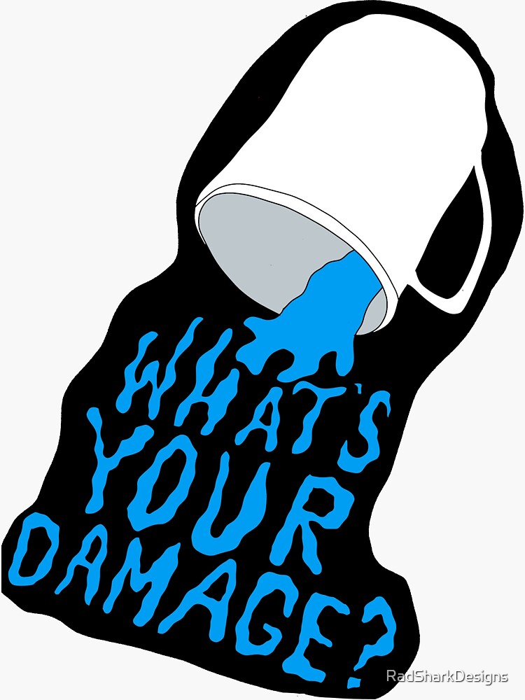 "What's Your Damage?" Sticker for Sale by RadSharkDesigns Redbubble