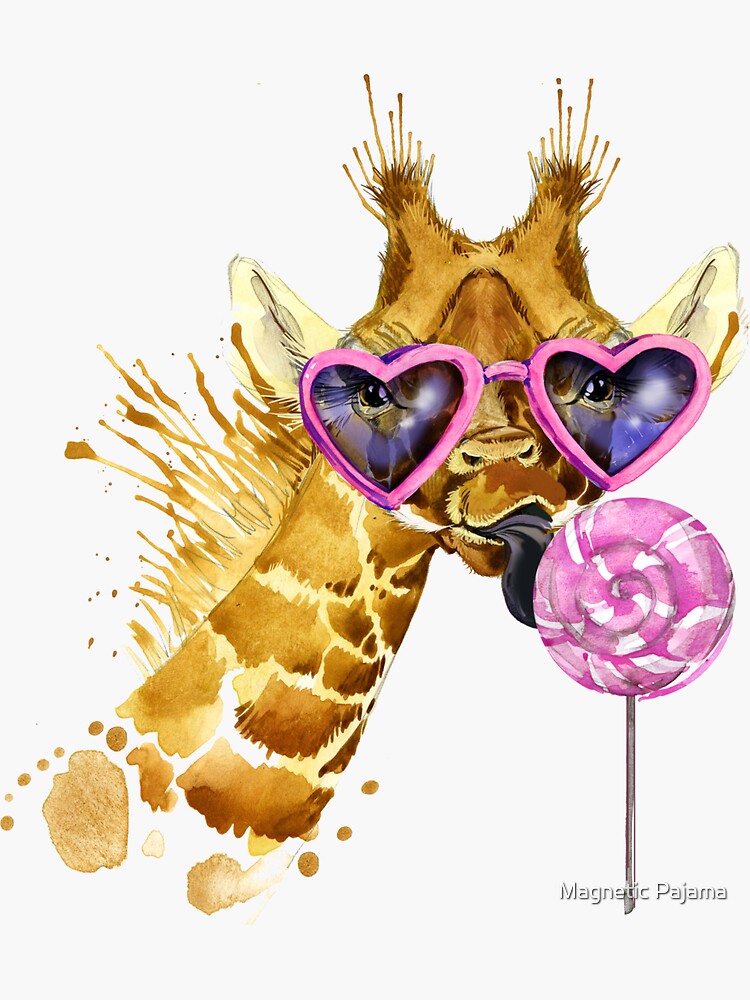 Giraffe Diva with Sunglasses and Lollipop Pastel Watercolor Painting by MagneticMama