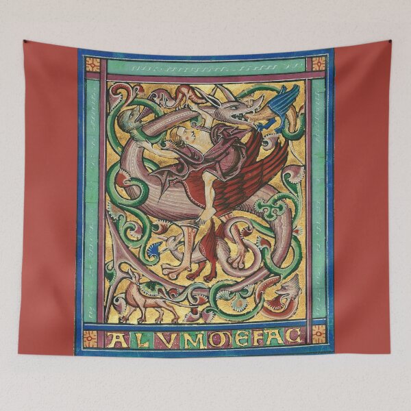 Item preview, MEDIEVAL BESTIARY,GRIFFIN RIDER,S LETTER ,FANTASTIC ANIMALS IN GOLD RED BLUE COLORS designed and sold by BulganLumini.