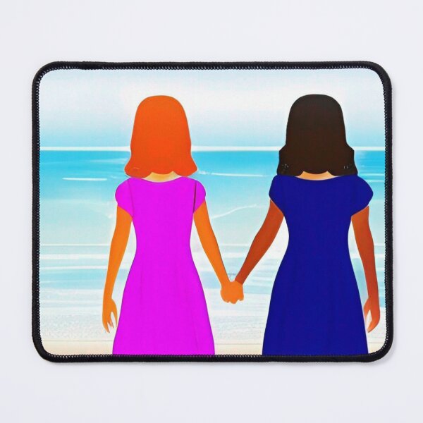 Item preview, Sunny beach and ocean landscape. Two young girlfriends hold hands facing the turquoise ocean. Colorful abstract ocean landscape wall art as prints, on canvas, or large posters (many print sizes).  designed and sold by JoelsCorner.