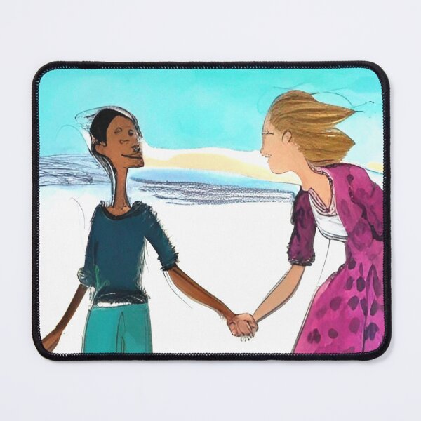 Item preview, Sunny beach and ocean landscape. Two happy women friends hold hands. Colorful abstract wall art as prints, on canvas, or large posters (many print sizes).  designed and sold by JoelsCorner.