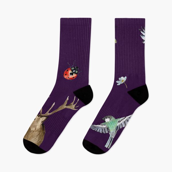 Item preview, Nature bird deer ladybug cute pattern watercolor violet designed and sold by Yana Mustafina | Boho Soulful Designs.