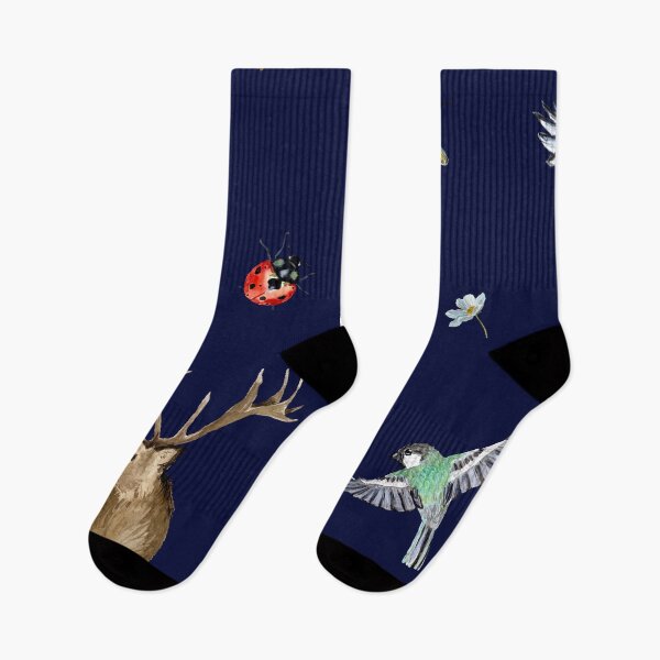 Item preview, Nature bird deer ladybug cute pattern watercolor blue designed and sold by Yana Mustafina | Boho Soulful Designs.