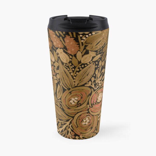 Watercolor .Black brown floral pattern . Travel Mug