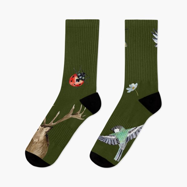 Item preview, Nature bird deer ladybug cute pattern watercolor green designed and sold by Yana Mustafina | Boho Soulful Designs.