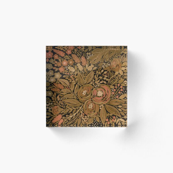 Watercolor .Black brown floral pattern . Acrylic Block