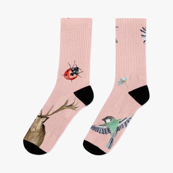Item preview, Nature bird deer ladybug cute pattern watercolor pink designed and sold by Yana Mustafina | Boho Soulful Designs.