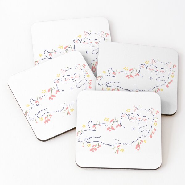 Item preview, colorful fine line cat on grass with flowers designed and sold by moonna designs.