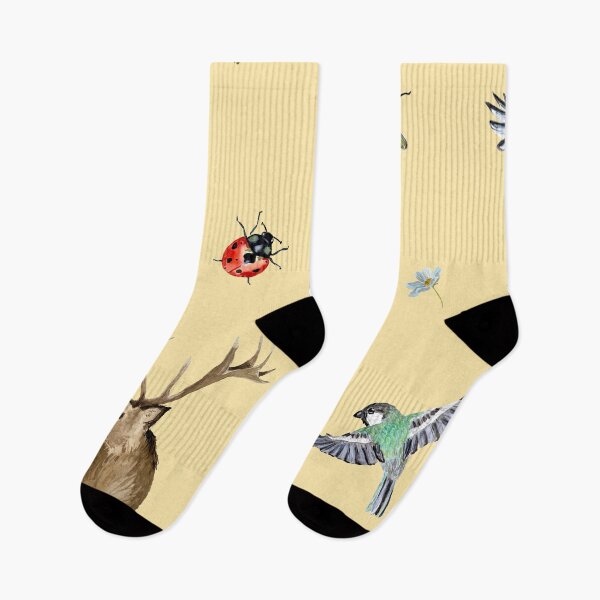 Item preview, Nature bird deer ladybug cute pattern watercolor yellow designed and sold by Yana Mustafina | Boho Soulful Designs.