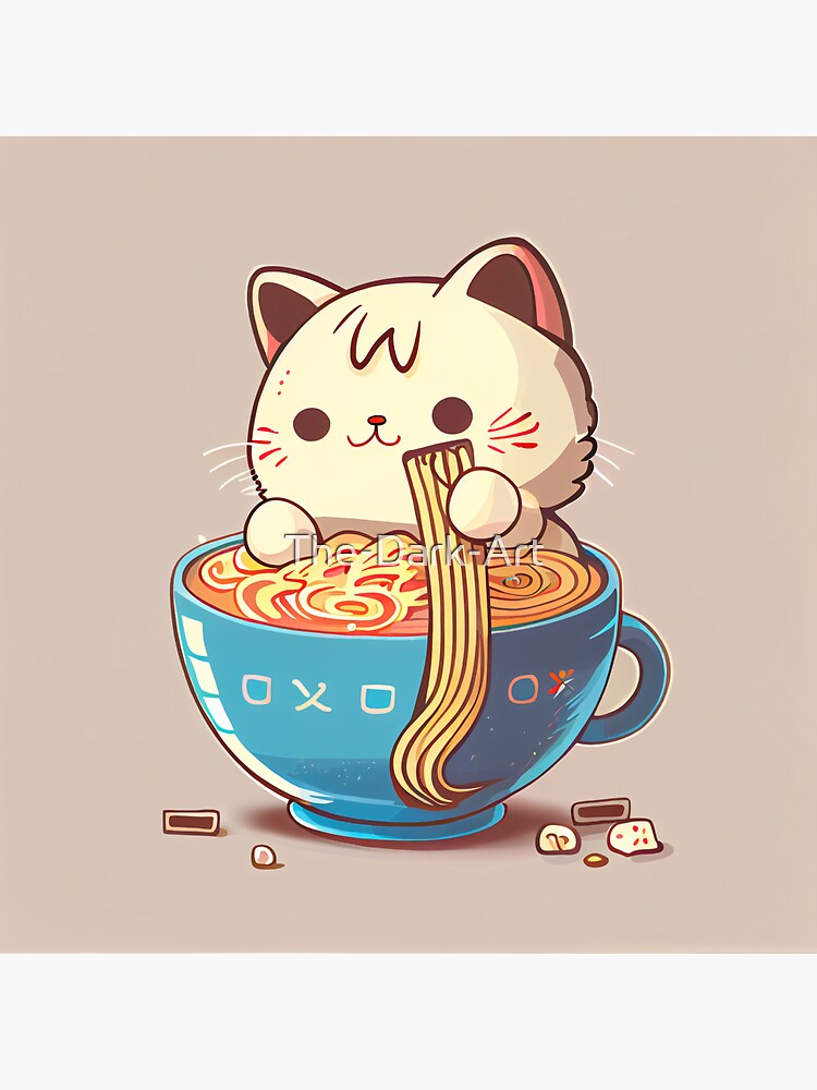 Fun Happy Anime Cat Enjoying a Bowl of Ramen Noodles | Poster