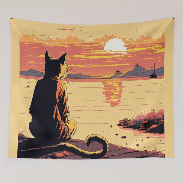 Aperçu de l'œuvre chat regardant le coucher du soleil créée et vendue par Chillapy.