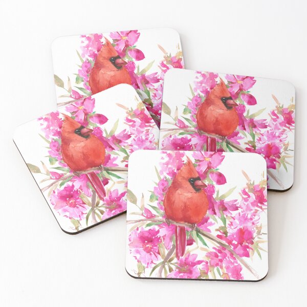 Item preview, Watercolor Cardinal Bird and Pink Flowers designed and sold by surenart.