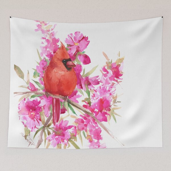 Item preview, Watercolor Cardinal Bird and Pink Flowers designed and sold by surenart.