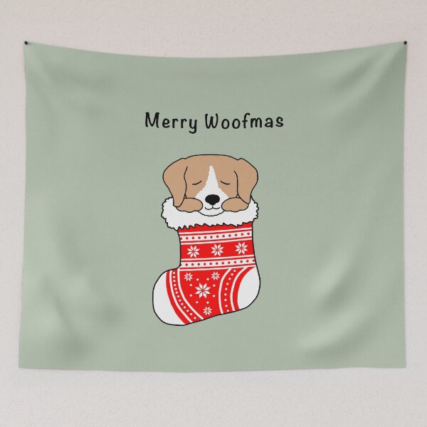 Item preview, Merry Woofmas. Dog in Christmas stocking designed and sold by Scat the cat.