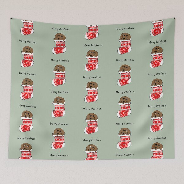 Item preview, Merry Woofmas. Sausage Dog in Stocking designed and sold by Scat the cat.