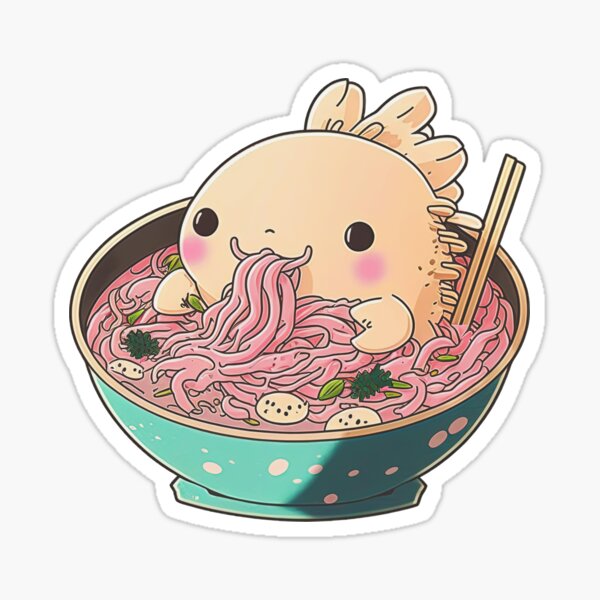 Simpatico axolotl kawaii bianco in ciotola di ramen giapponese con