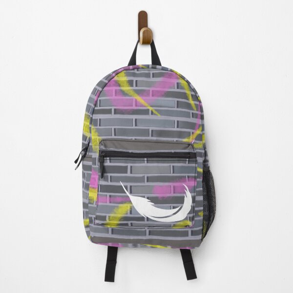 Item preview, gray brick wall with yellow and pink graffiti with flying feathers in urban style. designed and sold by kitsuneins.