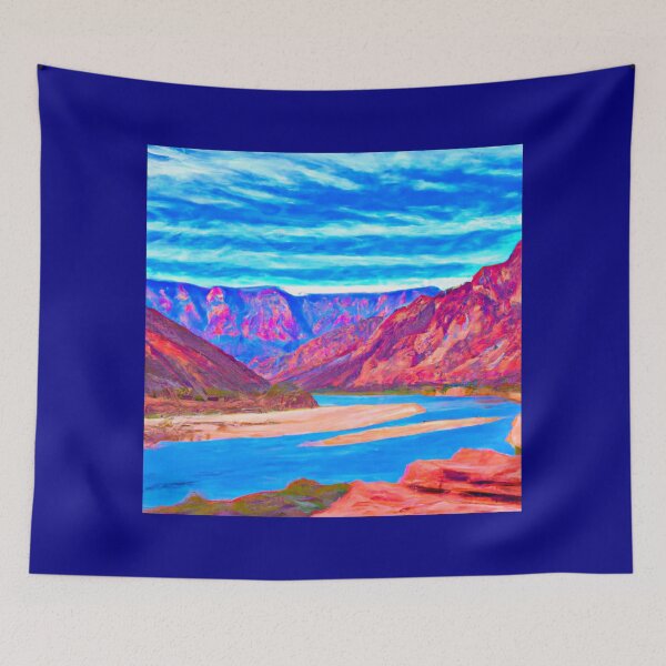 Item preview, Mountains and River Landscape Painting in Red, White and Blue (AI Generated Art) designed and sold by Cowboy Folly.