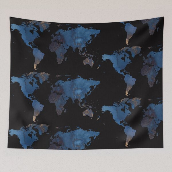 Item preview, World Map silhouette fantasy texture dark navy blue and gold in watercolor and glitter designed and sold by Marina Braga  Artista en acuarela y diseñadora gráfica.