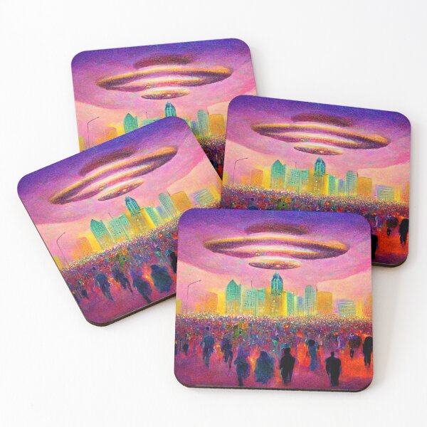 Item preview, Alien Invasion UFO Psychedelic Otherworldly Extraterrestrial Colorful Flying Object Skyscrapers  designed and sold by Weirdarto.