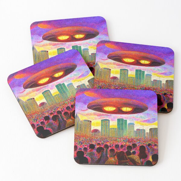 Item preview, Alien Invasion UFO Psychedelic Otherworldly Extraterrestrial Buildings Colorful Flying Object  designed and sold by Weirdarto.