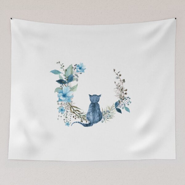 Item preview, Blue watercolor cat sitting on a wreath of blue flowers in customizable watercolor designed and sold by Marina Braga Artista en acuarela y diseñadora gráfica.