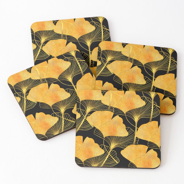 Item preview, Golden Ginkgo Leaves Pattern Black Background designed and sold by bloodberi.