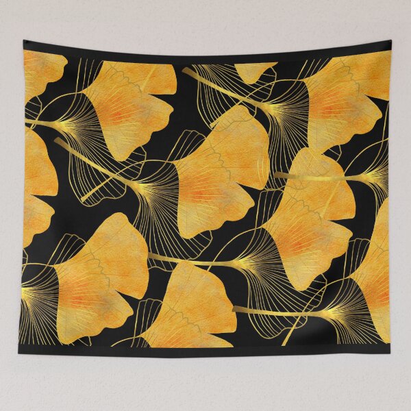 Item preview, Golden Ginkgo Leaves Pattern Black Background designed and sold by bloodberi.