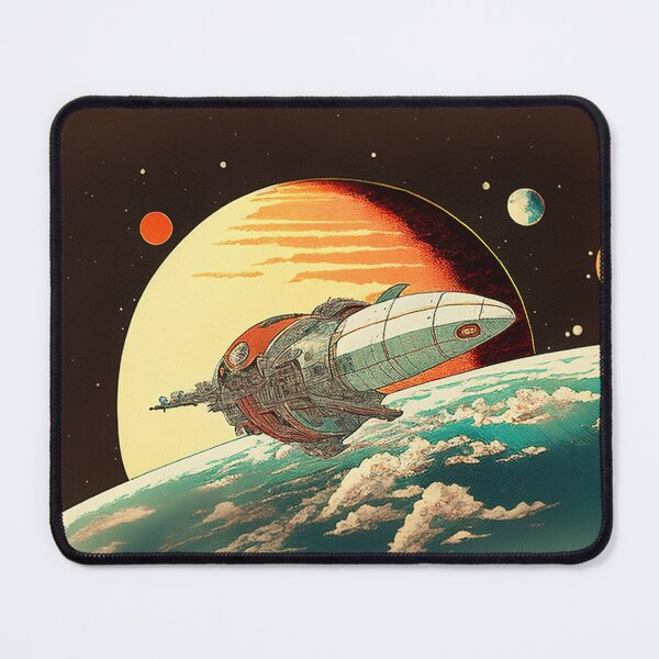 Item preview, Futuristic spaceship in space near habitable planet an ukiyo-e style woodblock print designed and sold by ArtifactVault.