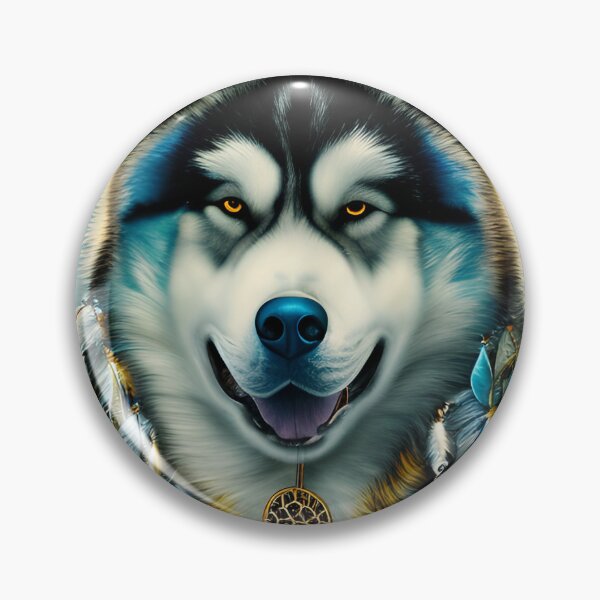 Item preview, Alaskan Malamute Dog Digital Artwork featuring Blue and Gold Hues with dreamcatchers, Tribal Vibes, beaded designed and sold by DiatomDesigns.