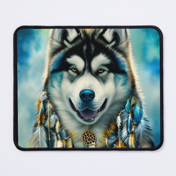Item preview, Alaskan Malamute Dog Digital Artwork featuring Blue and Gold Hues with dreamcatchers, Tribal Vibes, beaded designed and sold by DiatomDesigns.