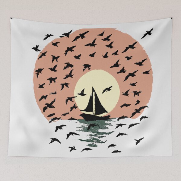 Item preview, A Hand Drawn Sailboat Circled By Birds On The Sea At Sunrise designed and sold by Benn-IA.
