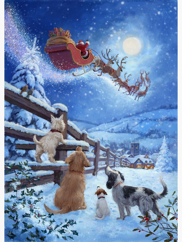 Dogs watching Santa fly overhead