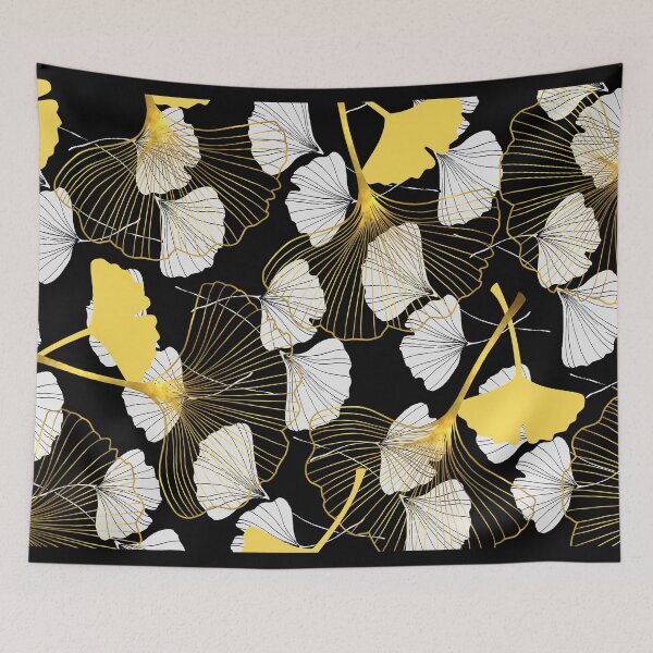 Item preview, White and golden Ginkgo Leaves Pattern with Black background designed and sold by bloodberi.