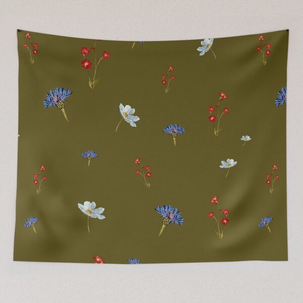 Item preview, Flower blue red daisy seamless watercolor pattern green designed and sold by Yana Mustafina | Boho Soulful Designs.
